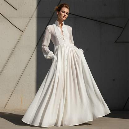 👗 PROMO LIMITÉE 50% DE RÉDUCTION ! ✨ Robe Maxi Blanche Élégante à Plis & Col Haut – Style Français & Taille Marquée 🌸
