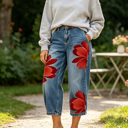 👖🌸 PROMO FLASH 50% ! Jean Large Femme Brodé Fleuri Artisanal – Coupe Tendance, Tissu Doux, Motifs Artistiques Unis, Silhouette Décontractée-Chic ✨