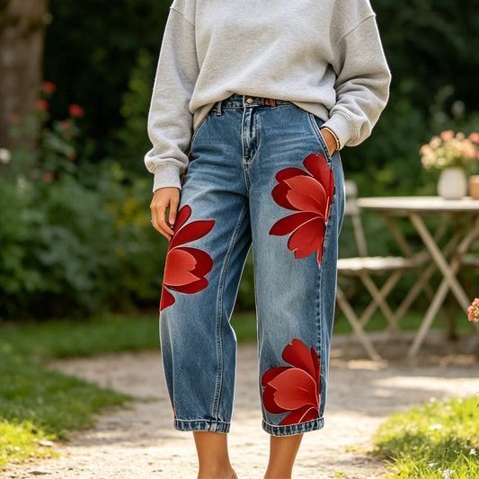 👖🌸 PROMO FLASH 50% ! Jean Large Femme Brodé Fleuri Artisanal – Coupe Tendance, Tissu Doux, Motifs Artistiques Unis, Silhouette Décontractée-Chic ✨