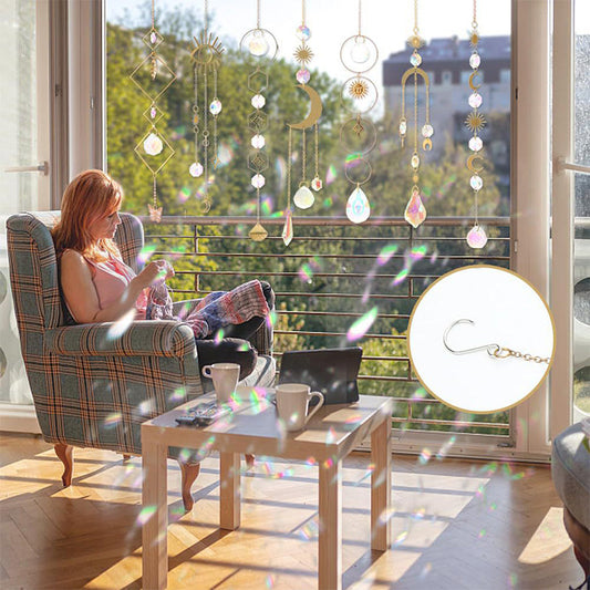 🌈✨ PROMO FLASH 50% ! Attrape-Soleil Décoratif en Cristal – Reflets Arc-en-Ciel, Designs Symboliques (Soleil/Lune), 43-47 cm, Finition Or/Argent ✨