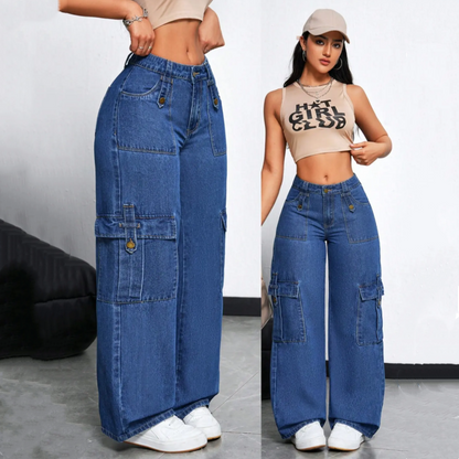👖🔥 PROMO FLASH 50% ! Jean Large Taille Haute avec Poches Cargo – Coupe Droit Décontracté, Tissu Coton Durable, Style Streetwear Polyvalent 🎉
