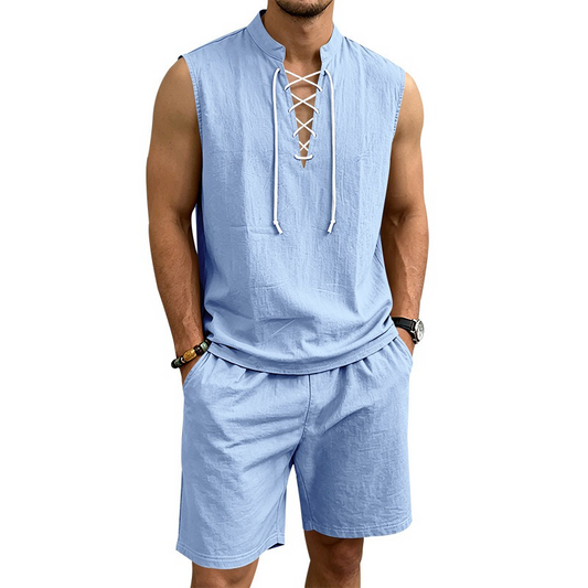👕☀️ PROMO FLASH 50% ! Ensemble Homme en Lin – Haut sans Manches Lacé & Short, Tissu Respirant Naturel, 7 Couleurs, Style Bohème Chic & Vacances ✨