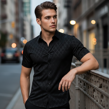 👔🍁 PROMO FLASH 50% ! Chemise Homme Noire Jacquard – Motif Losange Subtile, Coupe Athlétique Slim, Manches Courtes, Tissu Infroissable, 8 Tailles (jusqu'au 5XL) ✨