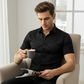 👔🍁 PROMO FLASH 50% ! Chemise Homme Noire Jacquard – Motif Losange Subtile, Coupe Athlétique Slim, Manches Courtes, Tissu Infroissable, 8 Tailles (jusqu'au 5XL) ✨