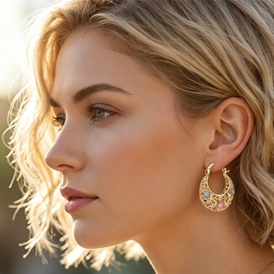 📢⏰ PROMO FLASH 50% ! Boucles d'oreilles Créoles Croissant Plaqué Or – Détails en Filigrane, Fleurs en Émail Rose & Bleu, Crochet Sécurisé, Style Bohème Chic ✨