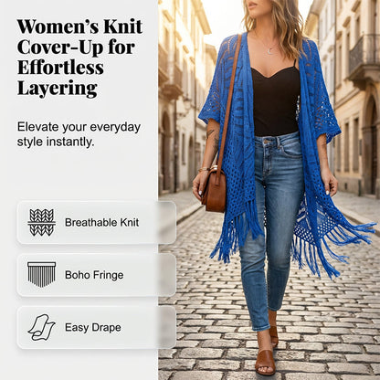 🌿✨ PROMO FLASH 50% ! Pareo/Poncho en Maille Ajourée pour Femme – Ouverture Avant, Pompons Bohème, Léger, Parfait pour la Plage, les Vacances ou le Quotidien 🏖️