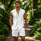 👕🌴 PROMO FLASH 50% ! Ensemble Homme Haut Sans Manches Boutonné + Short – Motif Texturé, Polyester Léger, 5 Coloris, Tailles S-2XL, Idéal Vacances ✨