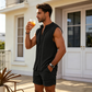 👕🌴 PROMO FLASH 50% ! Ensemble Homme Haut Sans Manches Boutonné + Short – Motif Texturé, Polyester Léger, 5 Coloris, Tailles S-2XL, Idéal Vacances ✨