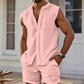 👕🌴 PROMO FLASH 50% ! Ensemble Homme Haut Sans Manches Boutonné + Short – Motif Texturé, Polyester Léger, 5 Coloris, Tailles S-2XL, Idéal Vacances ✨