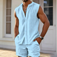 👕🌴 PROMO FLASH 50% ! Ensemble Homme Haut Sans Manches Boutonné + Short – Motif Texturé, Polyester Léger, 5 Coloris, Tailles S-2XL, Idéal Vacances ✨