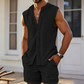 👕🌴 PROMO FLASH 50% ! Ensemble Homme Haut Sans Manches Boutonné + Short – Motif Texturé, Polyester Léger, 5 Coloris, Tailles S-2XL, Idéal Vacances ✨