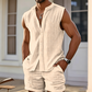 👕🌴 PROMO FLASH 50% ! Ensemble Homme Haut Sans Manches Boutonné + Short – Motif Texturé, Polyester Léger, 5 Coloris, Tailles S-2XL, Idéal Vacances ✨
