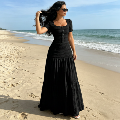 👗🍷 PROMO LIMITÉE 50% ! Ensemble Robe Femme 2 Pièces – Encolure Carrée, Tissu Froissé, Jupe Longue à Volants, Style Élégant & Bohème, 4 Couleurs 🍂