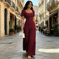 👗🍷 PROMO LIMITÉE 50% ! Ensemble Robe Femme 2 Pièces – Encolure Carrée, Tissu Froissé, Jupe Longue à Volants, Style Élégant & Bohème, 4 Couleurs 🍂
