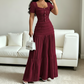 👗🍷 PROMO LIMITÉE 50% ! Ensemble Robe Femme 2 Pièces – Encolure Carrée, Tissu Froissé, Jupe Longue à Volants, Style Élégant & Bohème, 4 Couleurs 🍂