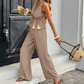 👕✨ PROMO FLASH -50% ! Ensemble Deux-Pièces Femme – Haut Rayé Col V à Peplum + Pantalon Large, Tissu Polyester, Café, Tailles S-XL, Idéal Vacances & Quotidien