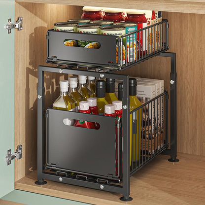 💪🥫 PROMO FLASH 50% ! Étagère Double Coulissante Organisateur de Placard – 5 Hauteurs Réglables, 2 Plateaux, Acier Carbone, Grande Capacité, Sans Installation ✨