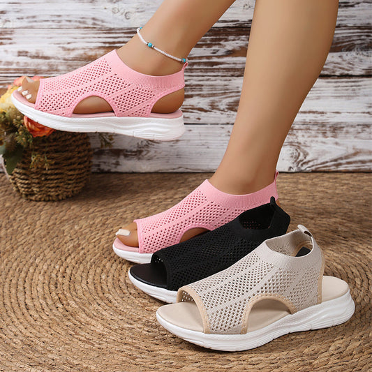 👡☁️ -50% ! ✨ Sandales Tressées à Semelle Épaisse – Maille + Caoutchouc – Bride Talon Élastique & Semelle Rembourrée pour Confort Estival 🌿