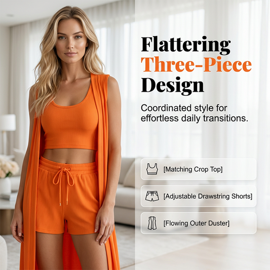 👚🌿 PROMO FLASH 50% ! Ensemble 3 Pièces Décontracté – Cardigan sans Manches, Top Court & Short Cordon – Tissu Côtelé Respirant, 9 Couleurs, Tailles S-3XL, Parfait pour la Maison & Sorties ✨