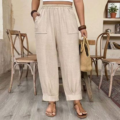 👖🍂 PROMO FLASH 50% ! Pantalon Femme Casual à Chevilles Retroussées – Coupe Ample, Ceinture Élastique, Poches Plaquées, Tissu Coton & Lin, 4 Coloris, Tailles 1XL-5XL ✨