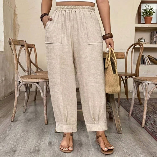 👖🍂 PROMO FLASH 50% ! Pantalon Femme Casual à Chevilles Retroussées – Coupe Ample, Ceinture Élastique, Poches Plaquées, Tissu Coton & Lin, 4 Coloris, Tailles 1XL-5XL ✨