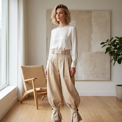 🎀✨ PROMO LIMITÉE 50% ! Pantalon Femme Plissé & Large – Taille Haute, Coupe Lanterne, Manchettes Froncées, Tissu Léger, Parfait pour Occasions Chic ou Décontractées 🍂