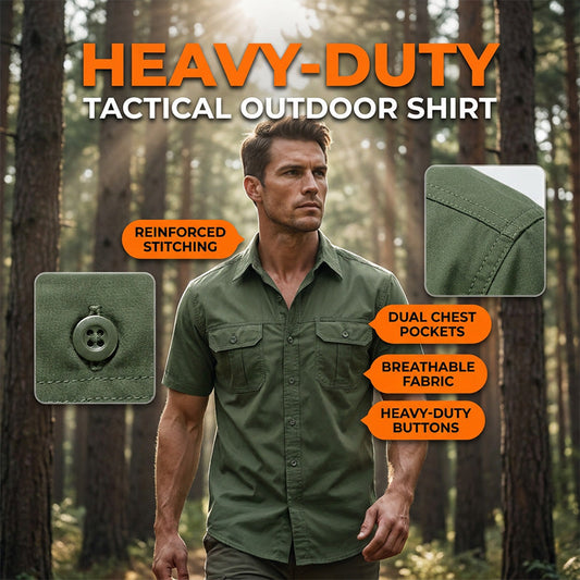 👕🔧 PROMO LIMITÉE 50% ! Chemise Tactique Homme Manches Courtes – 6 Poches, Épaulettes, Tissu Respirant, 5 Couleurs, 4 Tailles, Parfaite Outdoor & Aventure 🌿