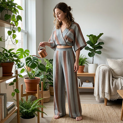 👚🏖️ PROMO LIMITÉE 50% ! Ensemble Crop Top Rayé & Pantalon Large – Tissu Fluide Respirant, Style Resort, Parfait pour Vacances & Quotidien Élégant ✨