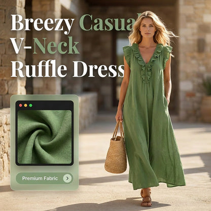 ✨👗 PROMO FLASH 50% ! Robe Décontractée Femme Sans Manches – Col V, Volants, Tissu Respirant, Poches Latérales, 8 Tailles, Idéale Été & Bohème 🌸