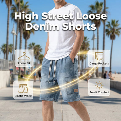👖🏙️ PROMO FLASH 50% ! Short Cargo Denim Ample Homme – Style Urbain, Poches Profondes, Ceinture Élastique, 3 Couleurs, Tailles M-3XL, Idéal Streetwear & Été 🛹