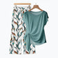 🌿 PROMO LIMITÉE -50% ! ✨ Ensemble Femme 2 Pièces – Haut Nœud Côté & Pantalon Motif Botanique, Tissu Respirant Premium · Bleu Clair & Vert Clair · S–5XL (EU34-54) 💐