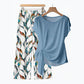 🌿 PROMO LIMITÉE -50% ! ✨ Ensemble Femme 2 Pièces – Haut Nœud Côté & Pantalon Motif Botanique, Tissu Respirant Premium · Bleu Clair & Vert Clair · S–5XL (EU34-54) 💐