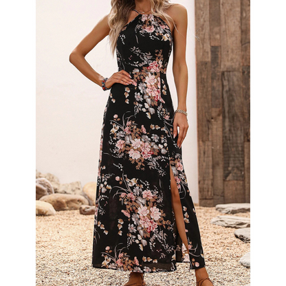 🌸✨ PROMO -50% ! Robe Halter Femme Imprimé Floral avec Fente Latérale – Col Licou Élégant Décolleté Mis en Valeur, Sans Manches Respirant, Silhouette Raffinée Travail & Week-end · 3 Coloris · S à 2XL 🔥