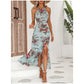 🌸✨ PROMO -50% ! Robe Halter Femme Imprimé Floral avec Fente Latérale – Col Licou Élégant Décolleté Mis en Valeur, Sans Manches Respirant, Silhouette Raffinée Travail & Week-end · 3 Coloris · S à 2XL 🔥