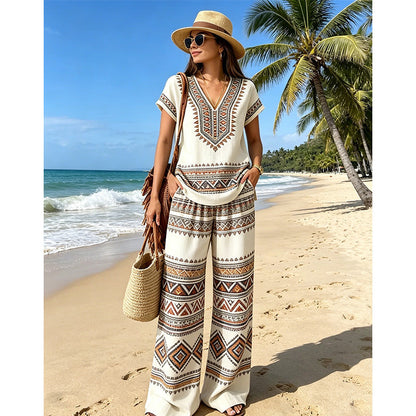 ⏳👚 PROMO FLASH 50% ! Ensemble 2 Pièces Femme – Haut Imprimé Boho + Pantallon, Tissu Respirant, Tailles S-5XL, Idéal Été & Vacances 🌺