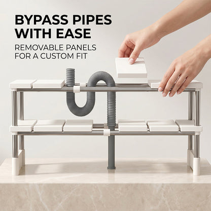 ⏳🍽️ PROMO FLASH -53% ! Étagère Coulissante Sous-Évier – Gain de Place, Drainage Rapide, 2 Niveaux, Installation Facile, Idéale Cuisine & Rangement 🧽