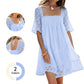 👗 PROMO LIMITÉE -50% ! ✨ Robe Smockée Col Carré Femme – Dentelle Florale, Dos Découvert Nœud, Silhouette A Fluide · Blanc & Bleu · S–5XL 🌼