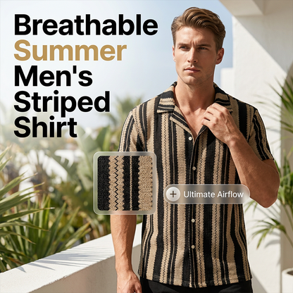 👔 PROMO LIMITÉE -50% ! ✨ Chemise Homme Rayures Verticales – Col Cubain Rétro, Tissu Ondulé Respirant, Coupe Ergonomique Estivale · Marron Clair & Noir/Blanc · S–3XL