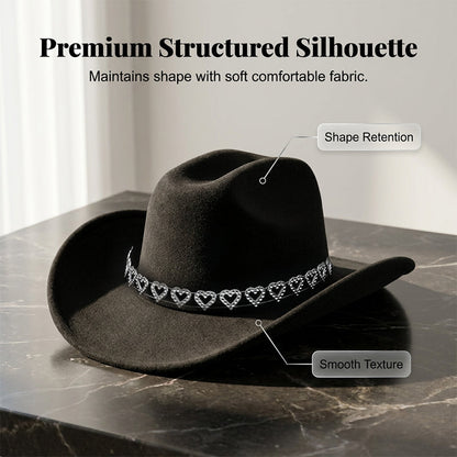 🤠💖 PROMO FLASH 50% ! Chapeau Cowboy Strass Cœur Femme – Fédora Jazz French Élégant, 22 Couleurs, Idéal Festival, Fête & Photo ✨