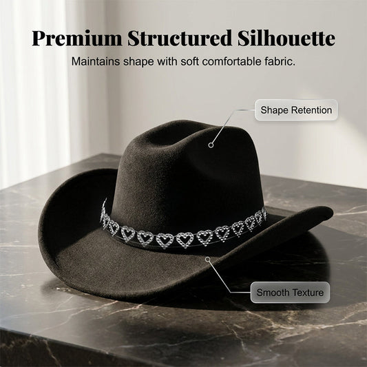 🤠💖 PROMO FLASH 50% ! Chapeau Cowboy Strass Cœur Femme – Fédora Jazz French Élégant, 22 Couleurs, Idéal Festival, Fête & Photo ✨