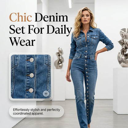 👖 PROMO LIMITÉE -50% ! ✨ Ensemble Jean Chic Femme – Boutons Asymétriques Métalliques, Coupe Flatteuse, Tissu Respirant · Bleu · S–2XL 🏙️