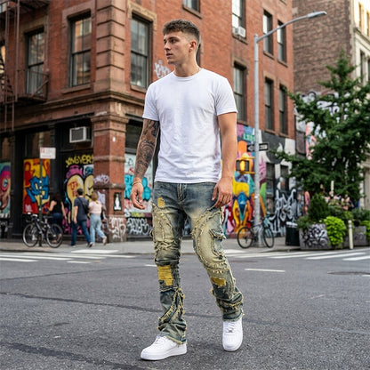 📢👖 PROMO FLASH 50% ! Jean Homme Déconstruit Ourlets Effilochés – Coupe Flare, Lavage Vintage, Patchwork, 2 Coloris, Tailles S-XL, Idéal Streetwear Avant-Gardiste 🔥