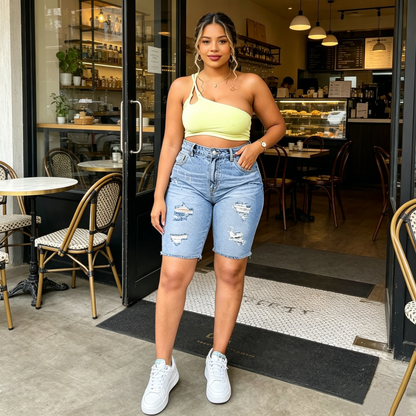 👖 PROMO LIMITÉE -50% ! ✨ Short Jean Déchiré Grande Taille Femme – Effiloché Tendance, Haute Élasticité, Taille Mi-Haute Sculptante · Bleu Clair · S–4XL 💥
