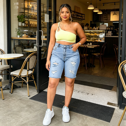 👖 PROMO LIMITÉE -50% ! ✨ Short Jean Déchiré Grande Taille Femme – Effiloché Tendance, Haute Élasticité, Taille Mi-Haute Sculptante · Bleu Clair · S–4XL 💥