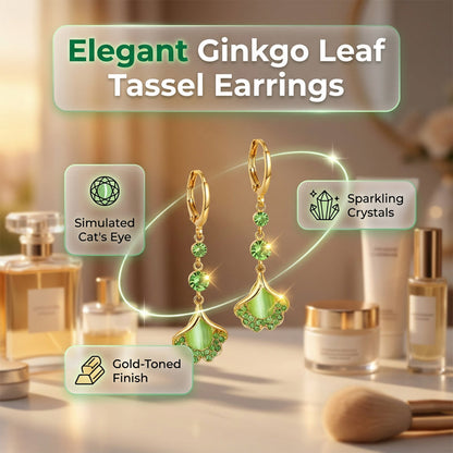 🌙✨ PROMO LIMITÉE -50% ! Boucles d'Oreilles Feuille Ginkgo Pompons Femme – Pierres Vertes Scintillantes, Ultra-Légères, Silhouette Longue Glamour · Jour & Soirée 🎁 2 Paires