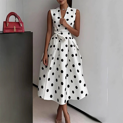 🌸 PROMO LIMITÉE -50% ! 👗 Robe Femme Sans Manches Col V à Pois – Rétro Chic, Tissu Premium Anti-Faux Plis, Ceinture Ajustable · Blanc & Noir · S–3XL · Casual & Soirée ✨