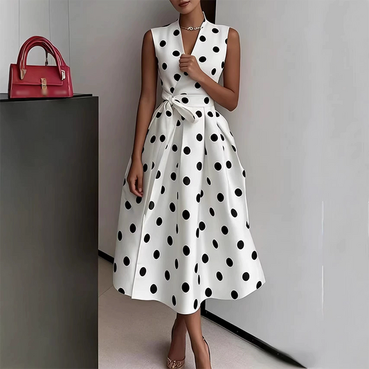 🌸 PROMO LIMITÉE -50% ! 👗 Robe Femme Sans Manches Col V à Pois – Rétro Chic, Tissu Premium Anti-Faux Plis, Ceinture Ajustable · Blanc & Noir · S–3XL · Casual & Soirée ✨