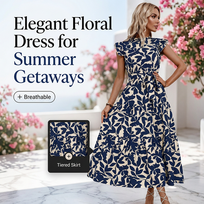 🌸 PROMO LIMITÉE -50% ! ✨ Robe Maxi Fleurie Femme – Manches Volantées Gracieuses, Ceinture À Nouer, Jupe Étagée Fluide · 5 Couleurs · S–2XL · Été & Voyages 🌺
