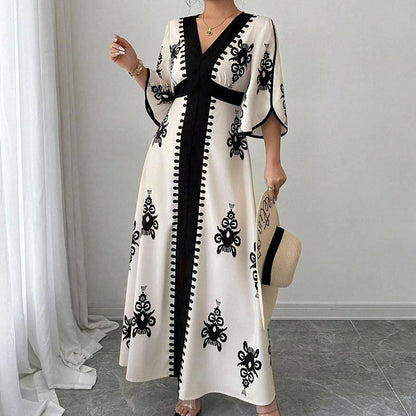 👗🔥 PROMO -34% ! Robe Longue Femme Col V Élégant Imprimé Ethnique – Manches Flottantes Cloche Gracieuses, Ceinture Taille Haute Silhouette Sablier, Fentes Latérales Liberté · Blanc & Bleu · S à 5XL ✨