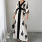 👗🔥 PROMO -34% ! Robe Longue Femme Col V Élégant Imprimé Ethnique – Manches Flottantes Cloche Gracieuses, Ceinture Taille Haute Silhouette Sablier, Fentes Latérales Liberté · Blanc & Bleu · S à 5XL ✨